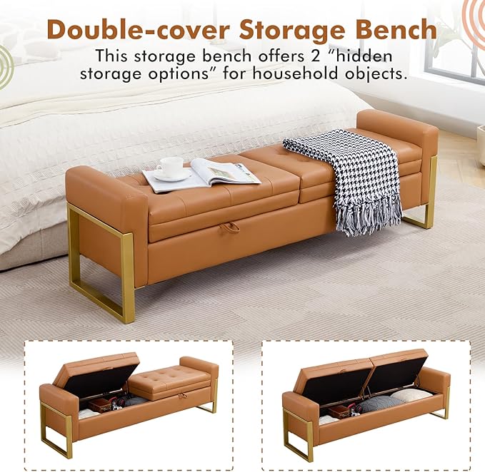 67" End of Bed Bench King Size, Leather Storage Bench for Bedroom Foot of Bed, Double Lids Storage Bench with Golden Legs, Upholstered Ottoman Bench for Living Room Window Entryway, Brown