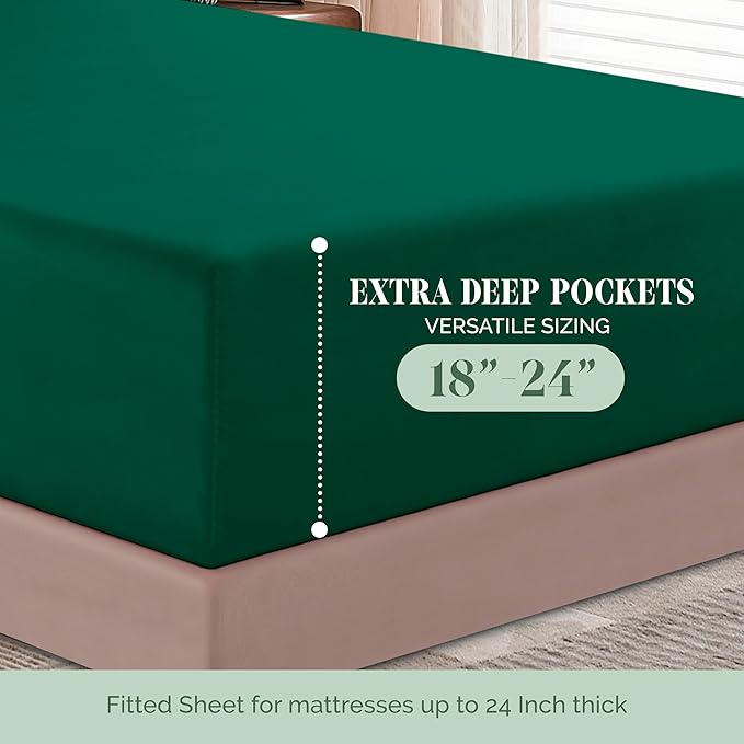 Elegant Comfort 1500 Premium Hotel Quality 18-24 Inches Deep - Extra Deep Pocket Single Fitted Sheet for High Mattress, Luxury and Softest, Smart Pocket - Wrinkle Free, King, Hunter Green