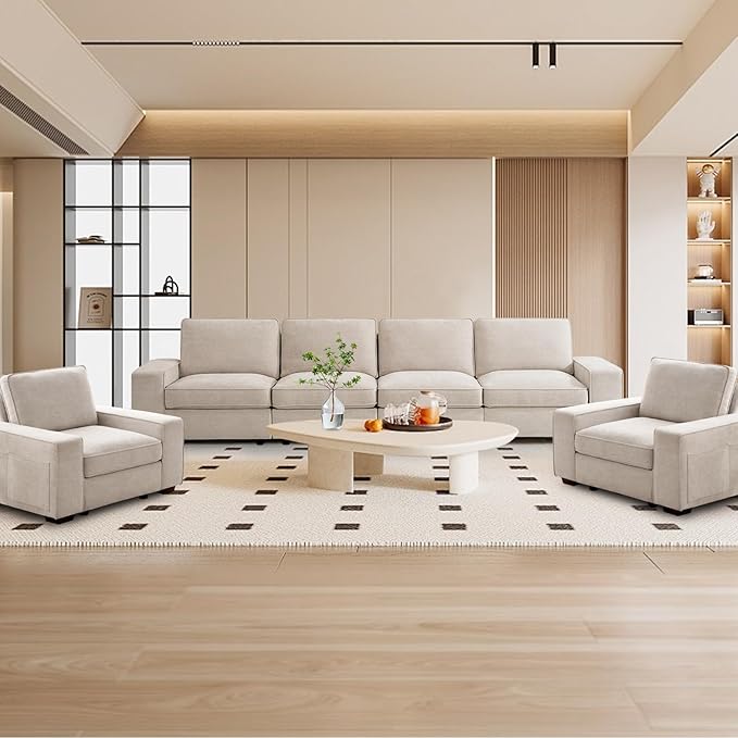 TEKAMON 128" Modular Sofa Couch with Large Seats Storage, Chenille Sofa,Modern Comfy 4-Seater Couch for Living Room, Office, Deep Seat, Wide Armrest, Side Pockets, USB Port, Removable Covers, Beige