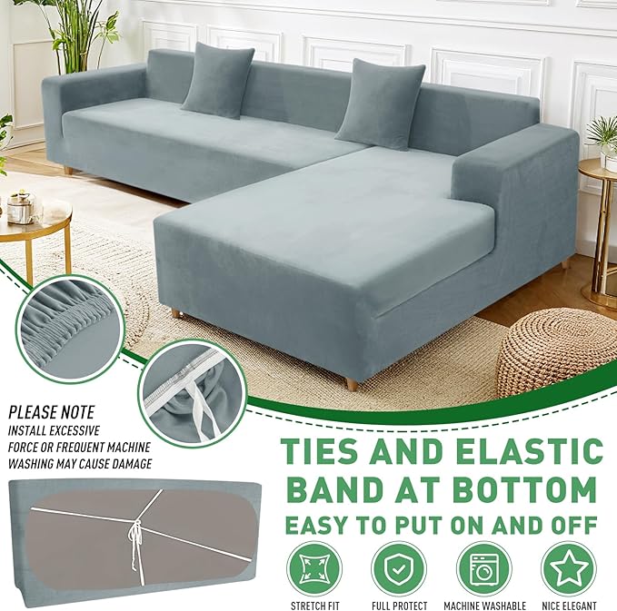 ZNSAYOTX 2026 Soft Velvet Sectional Couch Covers, Luxury Plush Slipcovers with Elastic Bottom for L Shape Sectional Sofa, 2 Pcs Pet Friendly Protector (3 Seat Couch + 3 Seat Chaise, Light Grey)