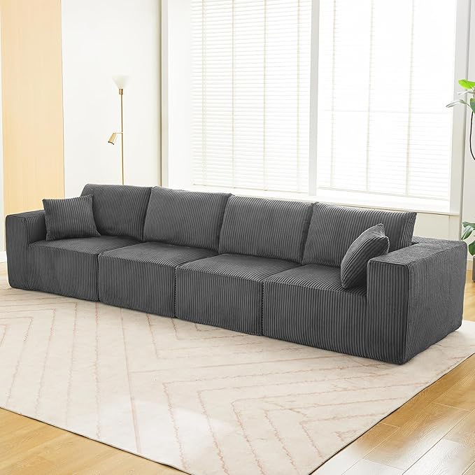 Sectional Cloud Boneless Couch 137" Modern Comfy Linear Straight No Assembly Required Convertible Compression Sleeper Modular Sofa with Corduroy Fabric 4 Deep Seat Single for Living Room