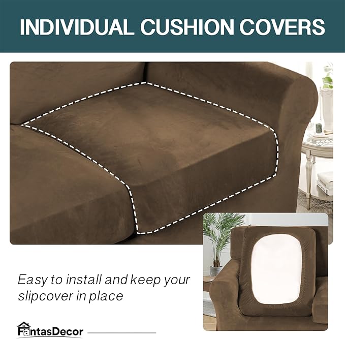 FantasDecor 4 Piece Sofa Velvet Couch Covers for 3 Cushion Stretch Slipcover with Individual Seat Cushion Elastic Furniture Protector for Pets, Machine Washable (Sofa, Bronze Brown)