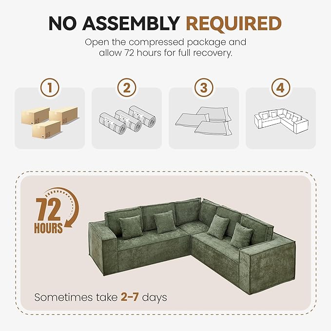 108'' Boneless Chenille L Shaped Couch, Oversized Modular Sectional 5 Seater Sofa, Modern Deep Seat Corner Cloud Compressed Couch, No Assembly Sleeper Sofa with Chaise for Living Room, Green