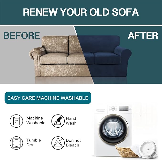 FantasDecor 3 Piece Sofa Covers Velvet for 2 Cushion Couch Stretch Loveseat Slipcover with Individual Seat Elastic Furniture Protector for Pets (Loveseat, Navy)