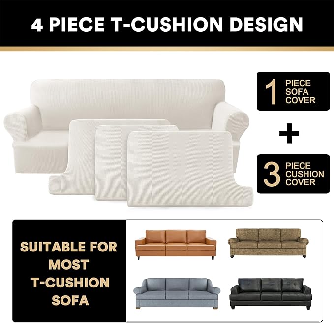PrinceDeco T Cushion Sofa Slipcover 4 Pieces Sofa Covers for T Cushion Couch Soft Sofa Slip Covers Furniture Protector with 3 Individual T Shape Seat Covers Width Up to 88" Porcelain