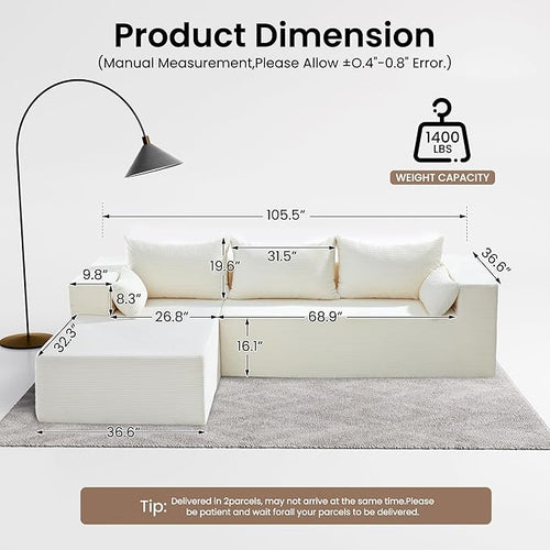 106" Cloud Sectional Boneless Couches for Living Room, Modular L Shaped Couch with Deep Seat Oversized Left Facing Chaise, Memory Foam Compressed Spineless 3 Seater Sofa for Bedroom Apartment, Beige