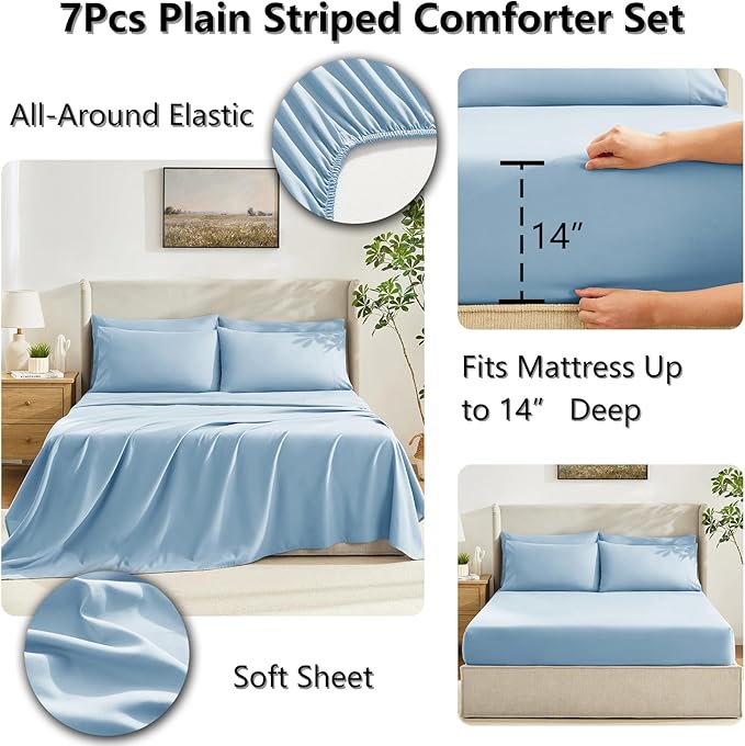 CozyLux Queen Comforter Set Baby Blue, 7 Pieces Bed in a Bag, Blue Comforters Queen Size, All Season Bedding Sets with Stitch Quilted Comforter, Flat Sheet, Fitted Sheet, Pillowcases