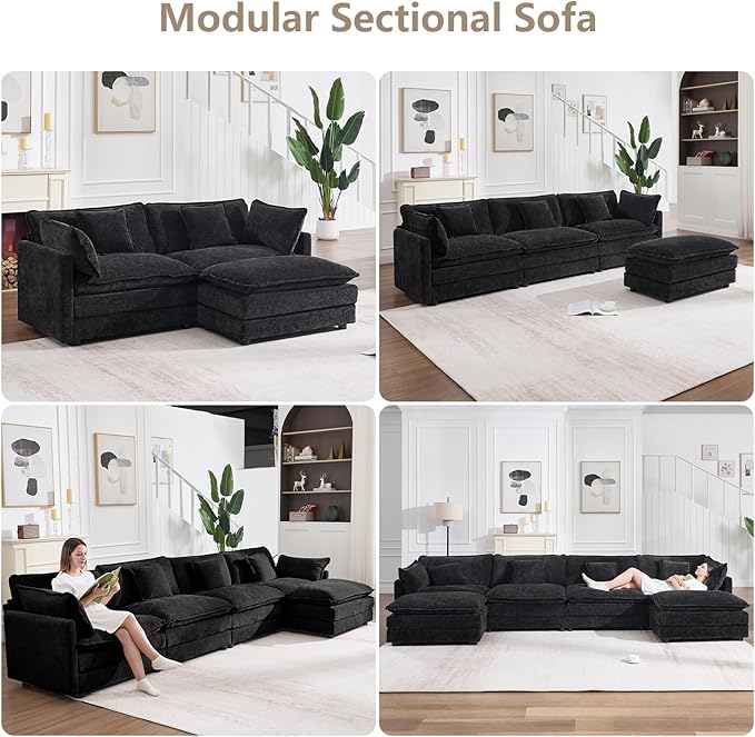 147" Modular Sectional Sofa, Oversized U Shaped Sectionals Cloud Couch, Big Comfy Couch with 2 Ottomans, 6 Seater Chenille Sectional Sofa with Deep Seat and 6 Pillows for Living Room- Black
