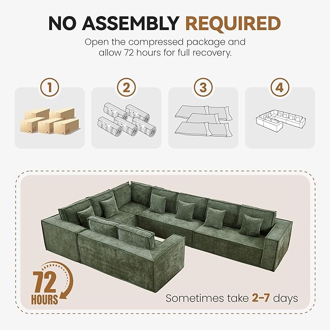 167'' Boneless Chenille U Shaped Couch, Oversized Modular Sectional 9 Seater Sofa, Modern Deep Seat Corner Cloud Compressed Couch, No Assembly Sleeper Sofa with Chaise for Living Room, Green