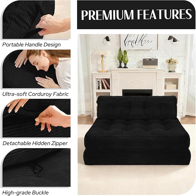 HABUTWAY Folding Sofa Bed, Foldable Floor Sofa Lounge w/Dual-Pillow & Handle, Convertible Sleeper Chair Bed w/Back Support for Living Room, Bedroom, Apartment, Office, Black, Full