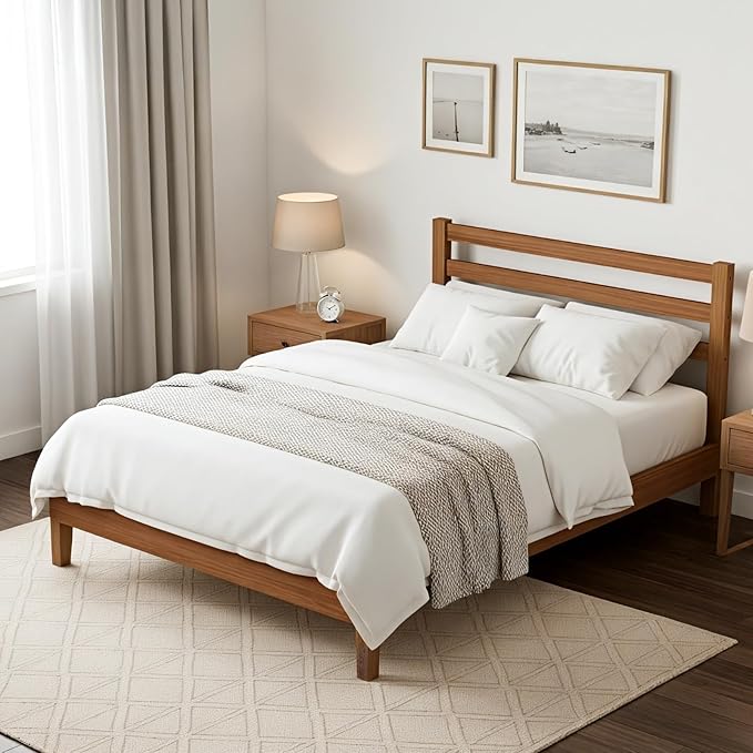 Sweetcrispy Solid Wood Bed Frame - Twin Size Mattress Foundation with Headboard, No Box Spring Needed with 1100LBS Sturdy Wooden Slats Support, Noise Free, Easy Assembly