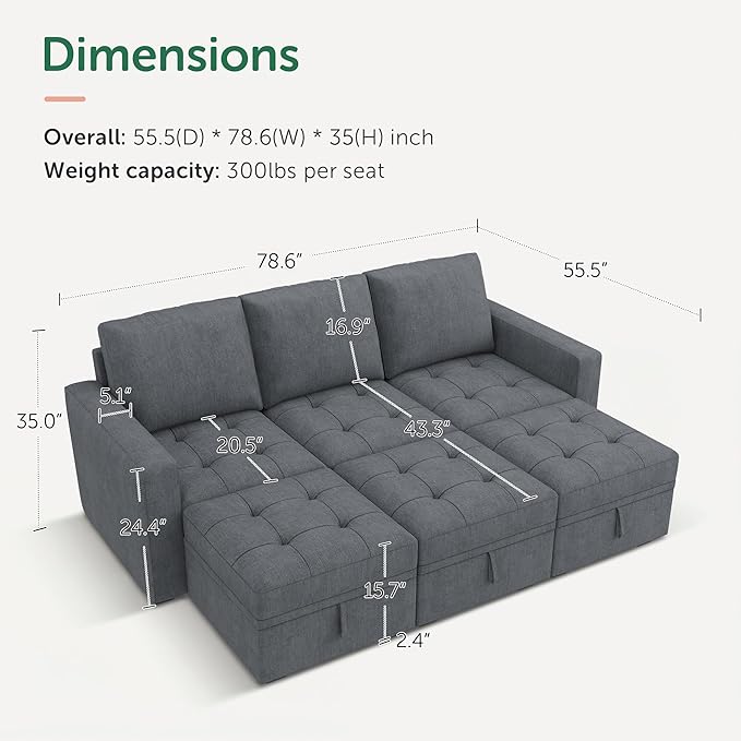 HONBAY Modular Sectional Couch Sleeper Sofa Bed with Storage Seats Oversized Sectional Couches for Living Room,Bluish Grey