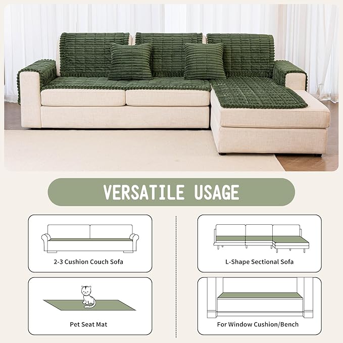 Sofa Couch Cover, Sofa Covers for Dogs Washable, Non-Slip Striped Sofa Slipcovers for Sectional Sofa, Sofa Cover Furniture Protector for L Shaped(Dark Green, 27.6"x 70.9")