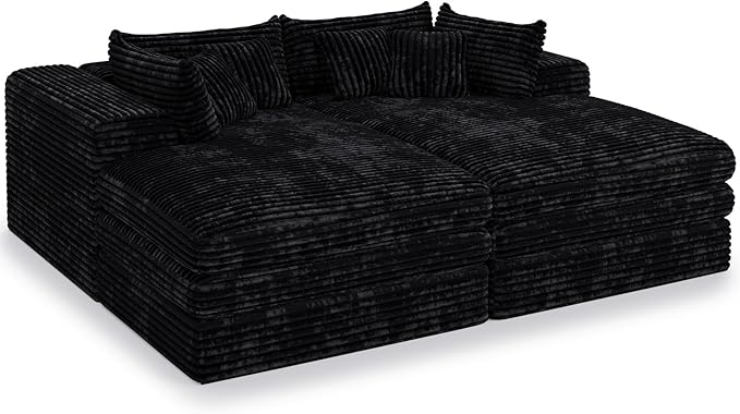 Belffin Double Chaise Lounge Sofa Bed Plush Corduroy Boneless Sectional Cloud Couches for Living Room Boneless Cloud Couch with Deep Seat No Assembly Required. Black Sofa
