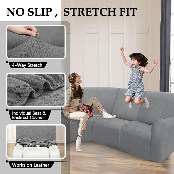 Waterproof Reclining Sectional Couch Covers Washable L Shaped Couch Cover for Sectionals Recliner Sofa Covers Stretch Corner Recliner Slipcovers for Dogs (5 Seater Cover, Light Gray)