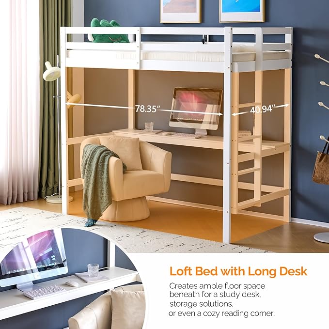 VINGLI Loft Bed with Desk, Wood Bunk Bed Twin Size with RGB LED for Adults, 2 Charging Station on High Guardrail and Desk,Wood Slat Support, White
