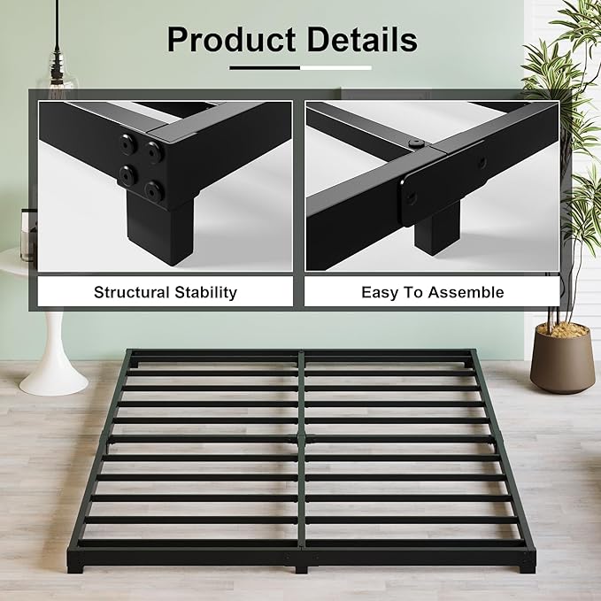 3 Inch Low Full Size Bed Frame Heavy Duty Metal Platform, No Box Spring Needed, Easy Assembly Mattress Foundation, No Noise, Black