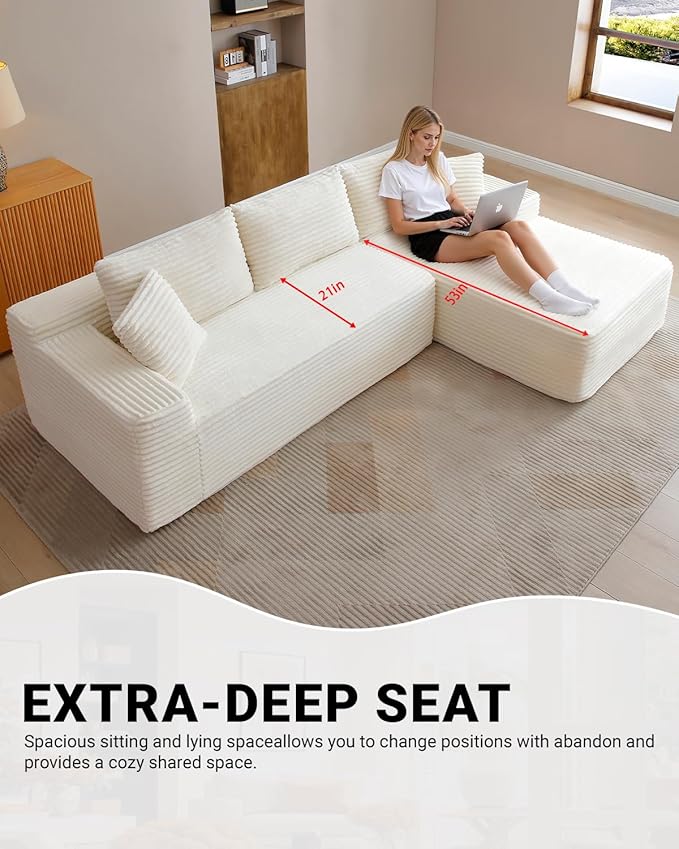 Cloud Sectional Couch,108" Modern Modular Sectional Sofa with Deep Seat,Corduroy Boneless Couches with L-Shape Chaise for Living Room,No Assembly Required (Beige, Right Facing Chaise)