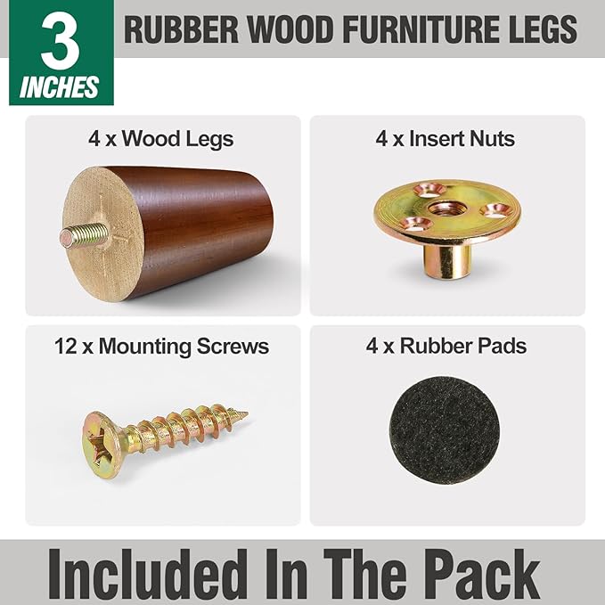 FoDau770 Brown Rubber Wood Furniture Legs 3 Inches, Straight Tapered Wood Feet Mid Century Sofa Legs Set of 4, 5/16" UNC Furniture Feet for Cabinet Couch Dresser Chair Ottoman Table