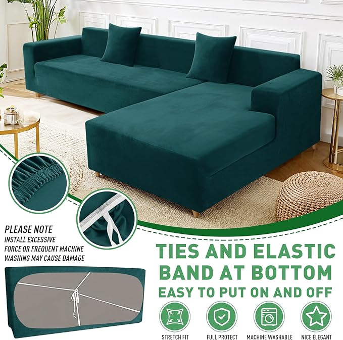 ZNSAYOTX 2026 Soft Velvet Sectional Couch Covers, Luxury Plush Slipcovers with Elastic Bottom for L Shape Sectional Sofa, 2 Pcs Pet Friendly Protector (3 Seat Couch + 2 Seat Chaise, Deep Teal)
