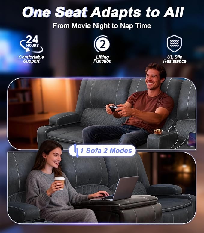 Power Loveseat Recliner Sofa, Removable Armrest 3 Seats Power Reclining Loveseat with Remote Liftable Console, Wall Hugger RV Theater Seating with Storage & USB & RGB (Velvet, Grey)