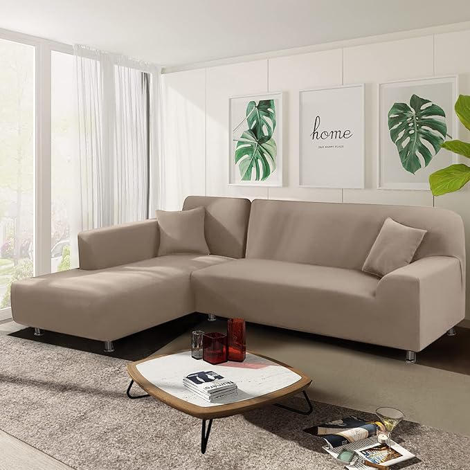NAISI Couch Cover L Shape 2 Pieces Sofa Cover Soft Stretch Slipcovers with 2pcs Pillowcases Furniture Protector Sectional Couch Covers 3 Seater + 3 Seater(Tan)