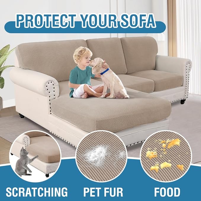 H.VERSAILTEX Sectional Couch Covers 6 Pieces Stretch Sofa Covers for Sectional Sofa Set Separate L Shaped Couch Cover for Both Left/Right Couch (Seat and Back: 1 Chaise + 2 Sofa, Sand)
