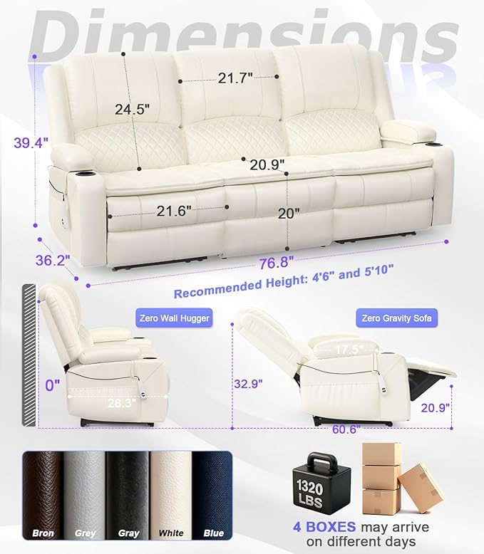 Power Loveseat Recliner Sofa, Removable Armrest 3 Seats Power Reclining Loveseat with Remote Liftable Console, Wall Hugger RV Theater Seating with Storage & USB & RGB (PU, White)