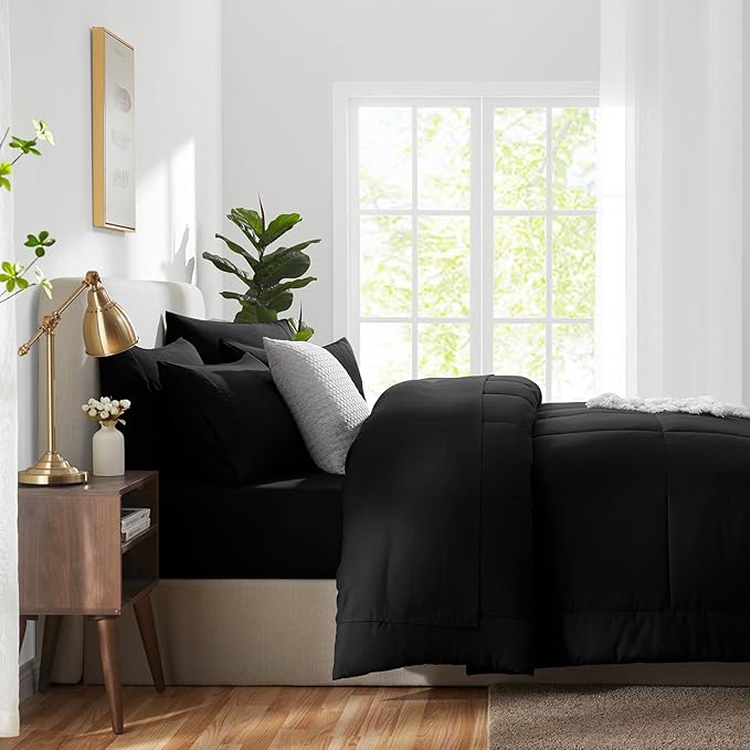 CozyLux California King Comforter Sets Black, 7 Pieces Cal King Bed in a Bag, All Season Bedding Sets with Stitch Quilted Comforter, Flat Sheet, Fitted Sheet, Pillowcases