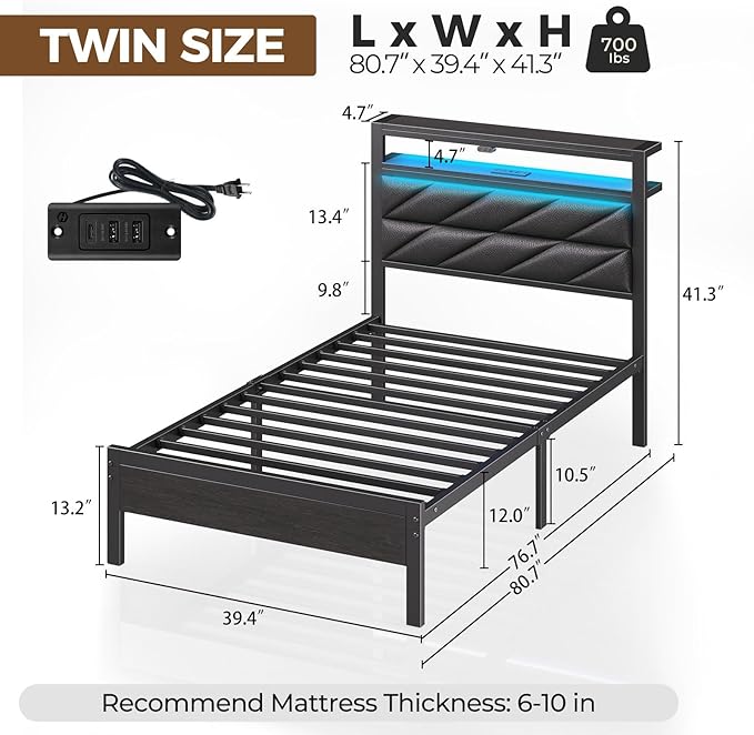 Seventable Twin Bed Frame with Charging Station & LED Lights, Upholstered Headboard with 2-Tier Storage Shelves, Metal Platform with Under Bed Storage, No Box Spring Needed, Easy Assembly, Black