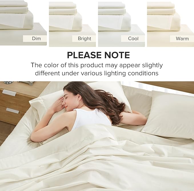 Comfort Spaces 100% Cotton Sheets Twin, Breathable, Soft Cotton Sheets, Naturally Cool Cotton Bed Sheets with 12" Elastic Pocket Fits up to 14" Mattress, All Season Sheet Set, Twin Ivory 3 Piece