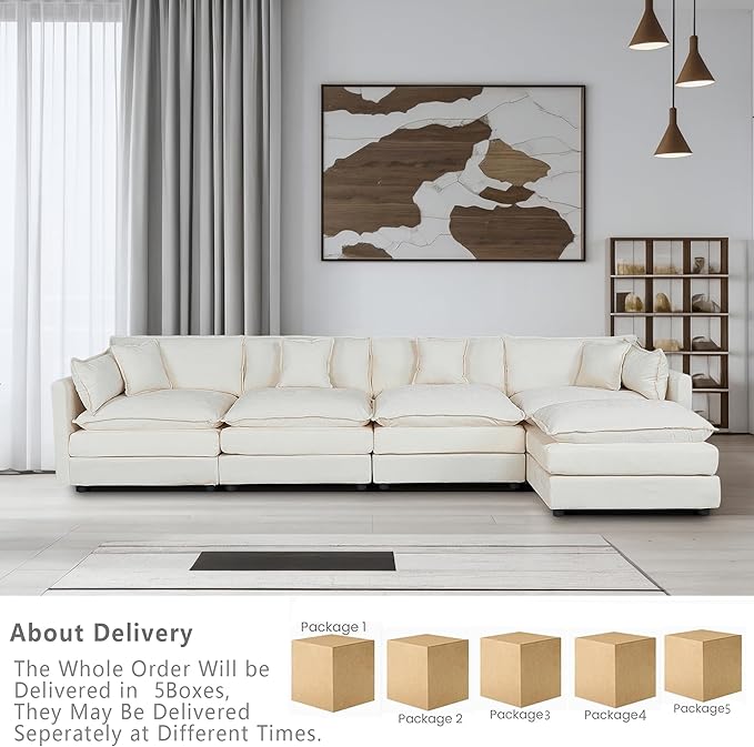 Setawix Deep 4 Seater Couch with Ottoman,147.22" L-Shaped Cloud Couches for Living Room,Chenille Cloud Sofa Couch with Deep Seat,Modular Sectional L Shape 4 Seat Sofa for Bedroom (Beige, 4+1)