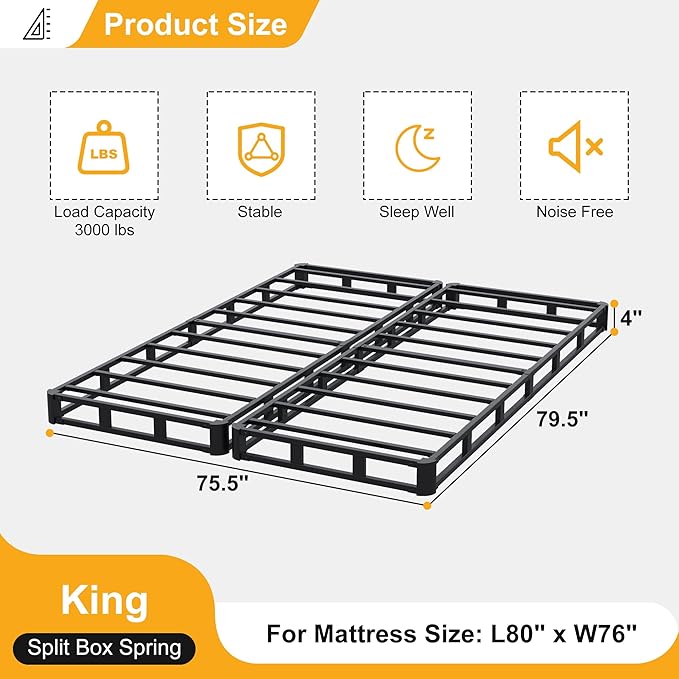 Lutown-Teen 4 Inch Split King Box Spring, Heavy Duty Metal Low Profile Box Spring King with Fabric Cover, Easy Assembly, Noise Free