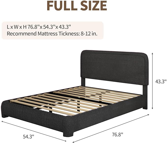 BarnFurin Full Size Bed Frame, Boucle Upholstered Platform Bed Frame with Headboard, Soft Rounded Corners, No Box Spring Required, Non-Slip and Noise-Free, Easy Assembly, Black