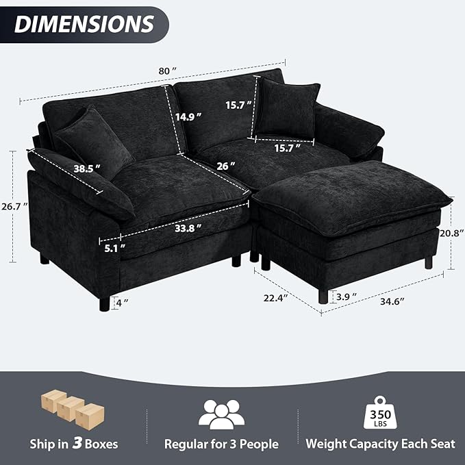 Oversized Modular Sectional Sofa, 80 Inch L Shaped Cloud Couch Set, 2-Seat Comfy Convertible Sofa with 1 Movable Ottoman, DIY Combination Sleeper Couch for Living Room(Chenille, Black)
