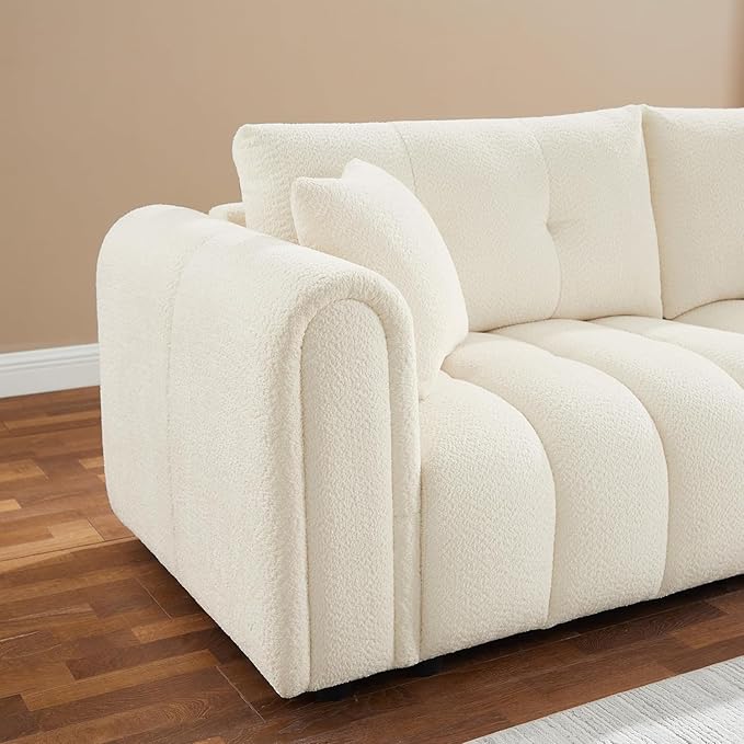 91.5" W Cloud Boucle Sofa for Living Room, Modern Comfy Boucle Couch with Rolled Arms and Soft Pillows, Teddy Oversized Loveseat for Apartment, Studio, Bedroom, Cream White