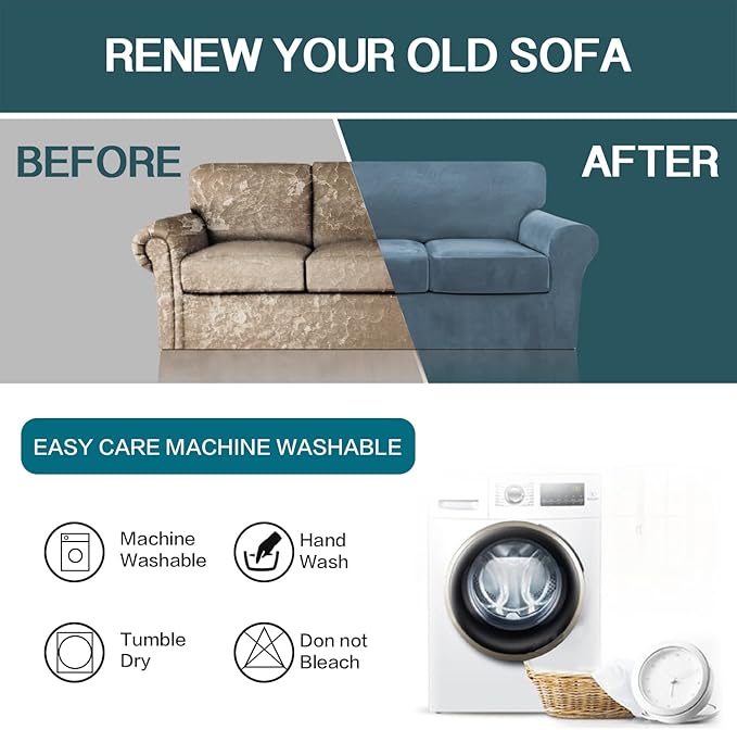 FantasDecor 4 Piece Sofa Velvet Couch Covers for 3 Cushion Stretch Slipcover with Individual Seat Cushion Elastic Furniture Protector for Pets, Machine Washable (Sofa,Stone Blue)