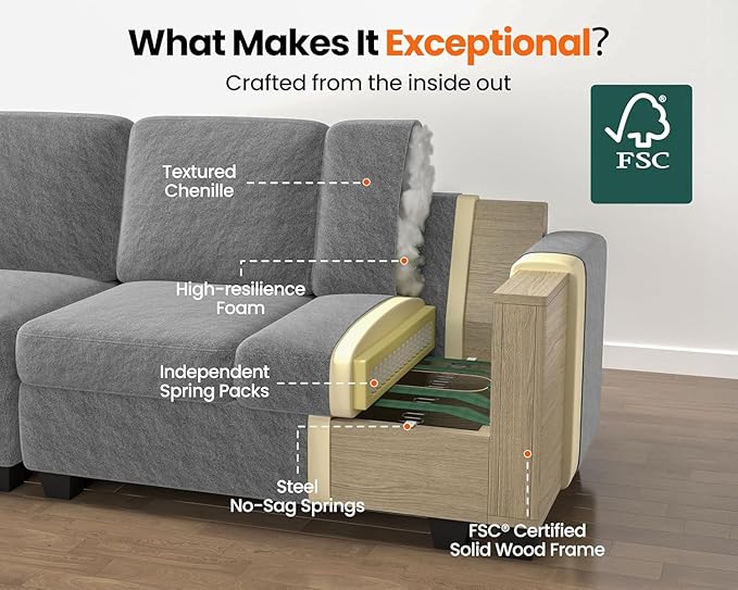CHIC HOUSE Corduroy Modular Sectional Couch with Ottoman Chaise, L/U Shaped Sleeper Sofa for Living Room, Apartment, Lounge, Modern Armrest Neck Support Furniture (Dark Grey, 7 Seater Sectional)