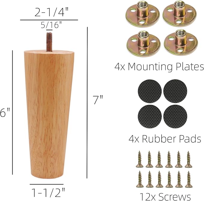 WEICHUAN Round Solid Wood Replacement Sofa Couch Chair Ottoman Loveseat Coffee Table Cabinet Furniture Wood Legs(6" Straight Set of 4)