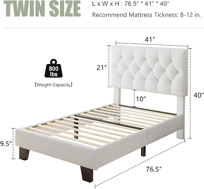 Feonase Velvet Twin Size Bed Frame with Button Tufted Headboard, Upholstered Bed with Wooden Slats Support, No Box Spring Needed, Easy Assembly, Noise-Free, White