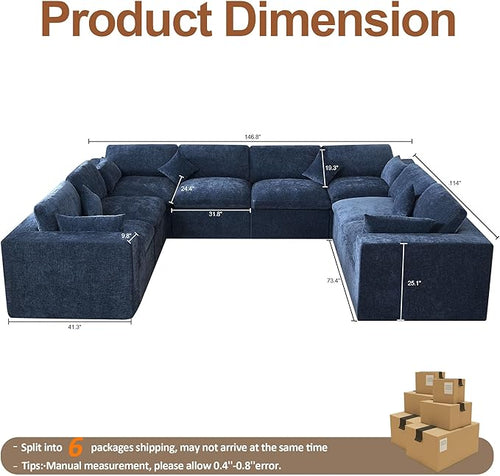 146''Cloud Boneless Sectional Couch, Modular Sectional Sofa Deep Seat, Oversized Upholstered Convertible Comfy 8 Seater Chenille Memory Foam Sofa U Shape Couches for Living Room, Navy