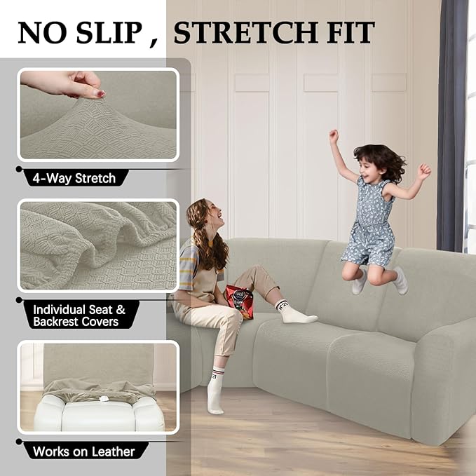 Reclining Sectional Couch Covers L Shape Waterproof Washable Recliner Sofa Cover for L Shaped Sectional Super Stretch Soft Corner Recliner Slipcovers (5 Seater 1 Console Cover, Light Khaki)