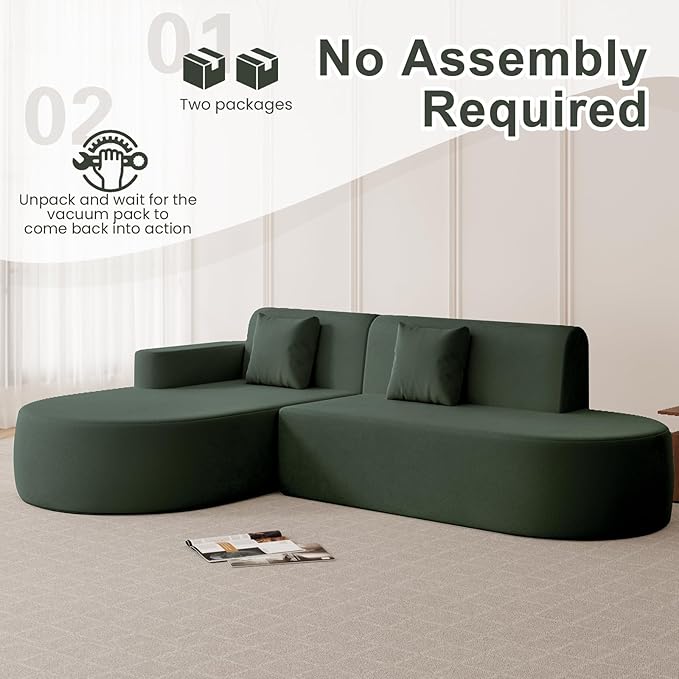 MELLCOM Modern Curved Boneless Sofa Couch, L-Shaped Corner Sofa, No Assembly Needed, Chenille Upholstered Cloud Sectional Couch for Living Room, Bedroom and Apartment (Green, Left Hand Facing)