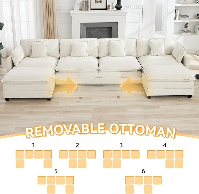 147'' Sectional Cloud Deep Seat Couch, Oversized Chenille U Shaped Sectional Sofa for Living Room Set, Comfy Upholstered Modular Sectional Sofa Couch with 2 Movable Ottoman, Beige