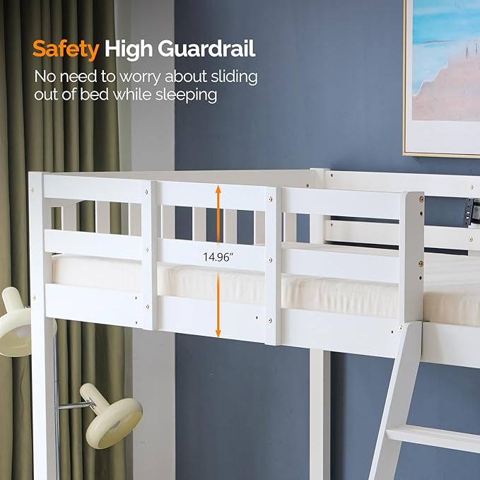 VINGLI Full Loft Bed with USB Charging Station/LED, Solid Wood Double Loft Bunk Bed with Flat Rungs for Kids/Teens/Adults, 15 inches High Guardrail,Wood Slat Support No Box Spring Needed, White