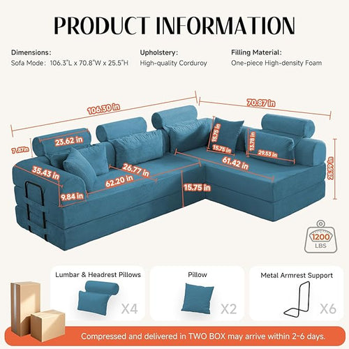106" L-Shaped Modular Boneless Couch, 2-Piece System (2×70.87"), Convertible Sectional to 141.7" Straight Sofa, Corduroy Couch in a Box, Headrest & Back Pillows for Living Room, Ocean Blue