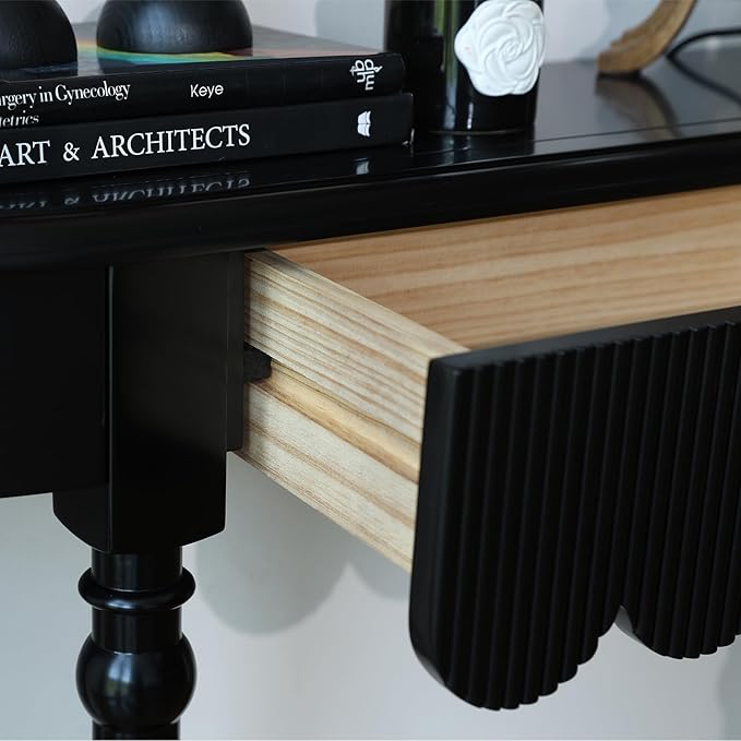 Solid Wood Console Table with Drawer – Black Entryway Table with Scalloped Edge and Straight Legs, Narrow Accent Sofa Table for Living Room or Hallway(Black)