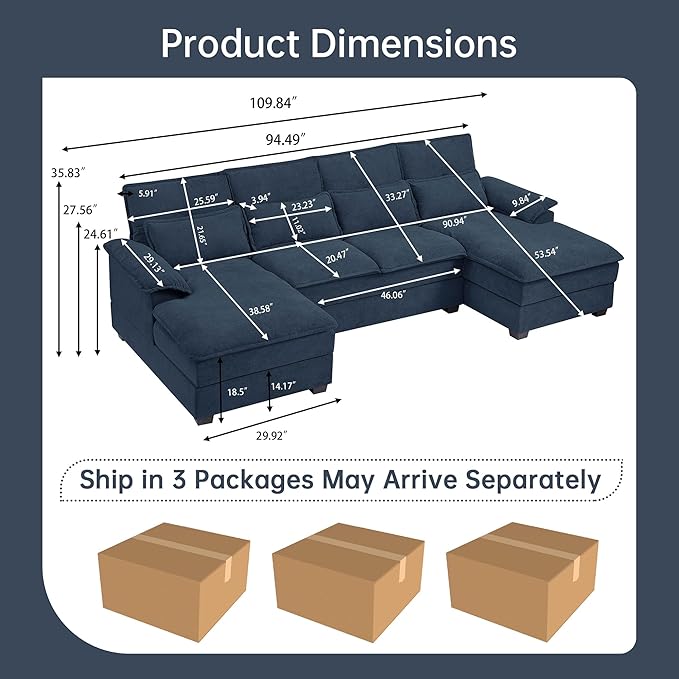 110" Sectional Couches for Living Room, 4 Seat U Shaped Couch with Double Chaise, Modular Cloud Sofa, Removable Cover, Modern Comfy Sofa for Home Furniture, Office and Basement