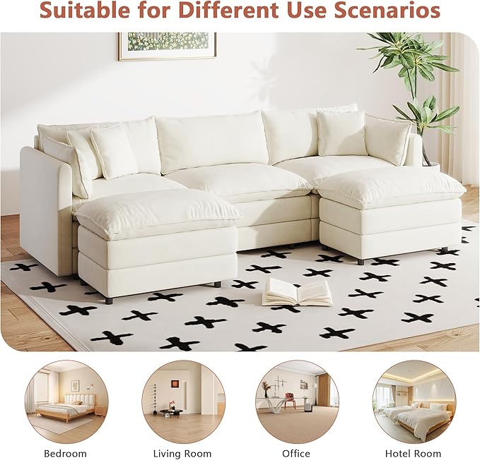 Setawix Deep 3 Seater Couch with Ottomans,112.2" U-Shaped Cloud Couches for Living Room,Chenille Cloud Sofa Couch with Deep Seat,Modular Sectional U Shape 3 Seat Sofa for Bedroom (Beige, 3+2)