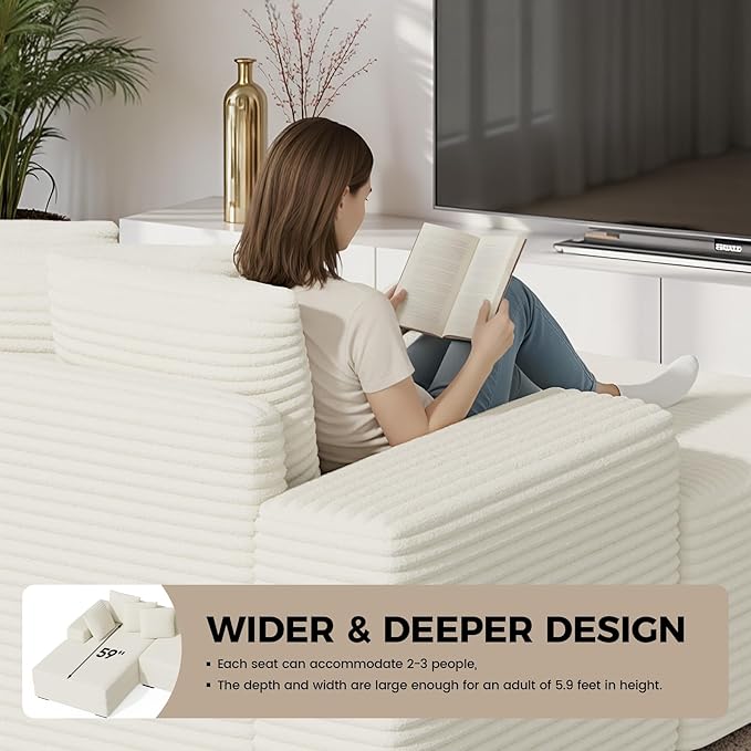 111'' Modular Sectional Cloud Couches with Chaise, L Shaped Extra Large Sleeper Couch Fluffy Corduroy with 8pcs Pillows for Living Room(Beige Left Facing Chaise)